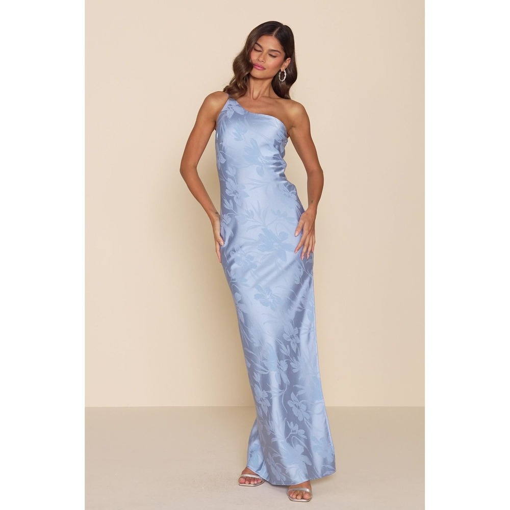 Lulus NWT Nadra Light Blue Satin Jacquard One-Shoulder Maxi Dress - Size Small